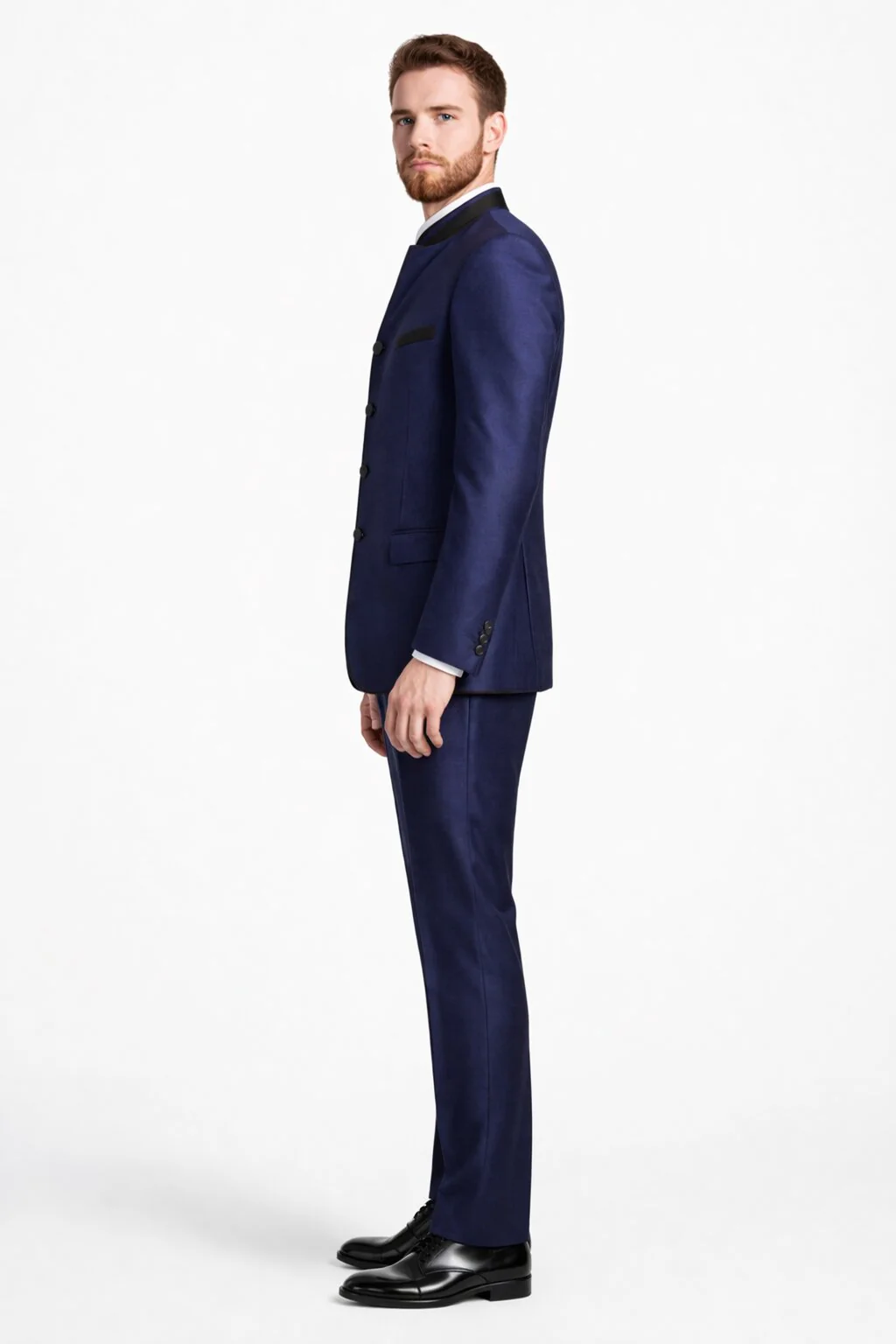 Wedding Groom Suit - Prom Tuxedo Suit - No Collar Weddig Tuxedo - Blue - Image 3