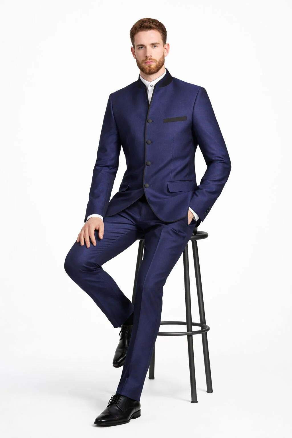 Wedding Groom Suit - Prom Tuxedo Suit - No Collar Weddig Tuxedo - Blue - Image 4