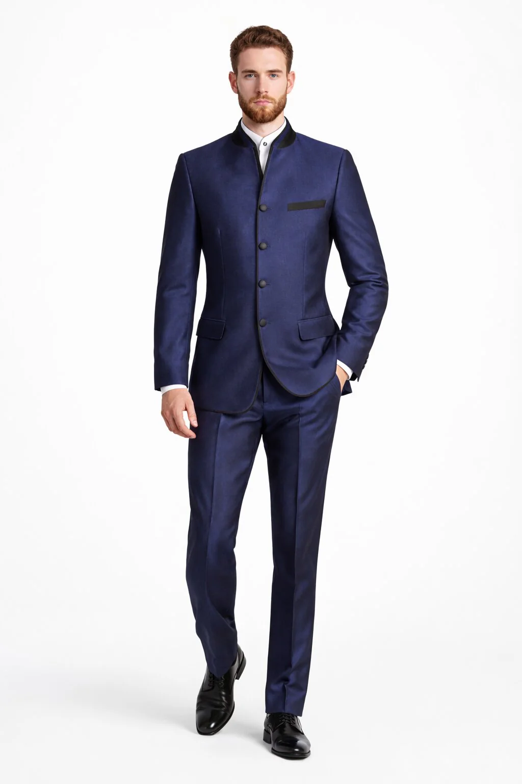 Wedding Groom Suit - Prom Tuxedo Suit - No Collar Weddig Tuxedo - Blue - Image 5