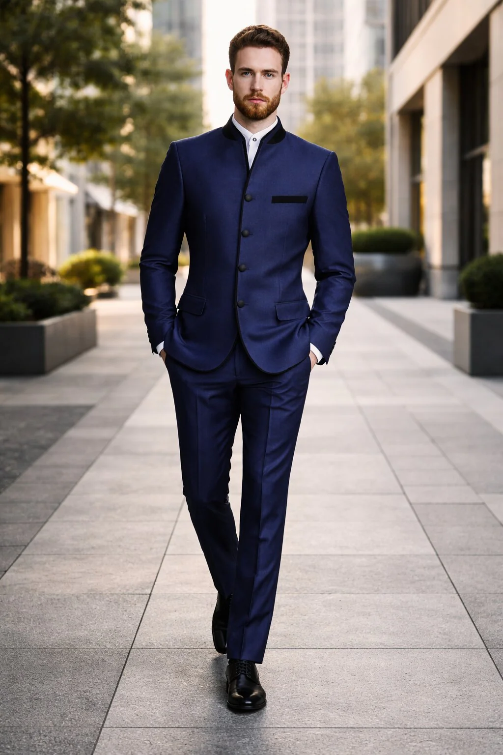 Wedding Groom Suit - Prom Tuxedo Suit - No Collar Weddig Tuxedo - Blue - Image 7
