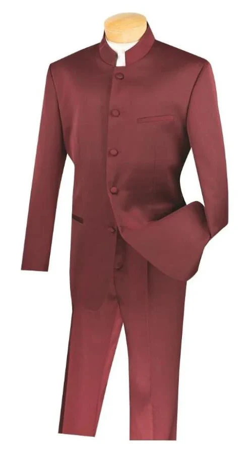 Wedding Groom Suit - Prom Tuxedo Suit - No Collar Weddig Tuxedo - Burgundy