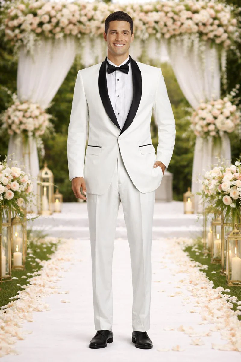White And Black Lapel Tuxedo Suit Jacket & Pants Blazer Dinner Jacket Looking - Image 5