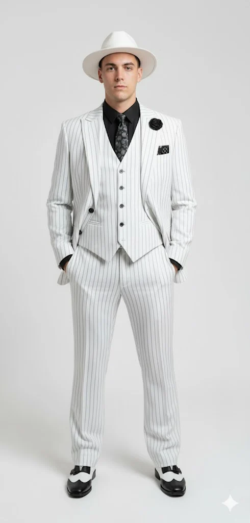 White and Black Pinstripe Vested Suit + Matching White Hat + Shirt And Tie - Gangster Suit