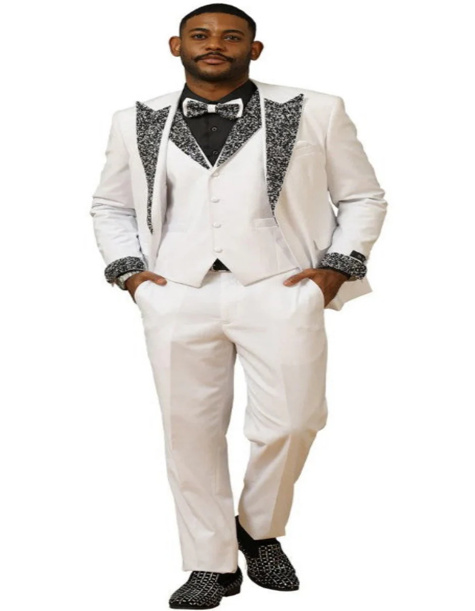 White and Black Prom Tuxedos - Perfect Wedding Suit Vested rhinestone sequin Lapelled - Image 2