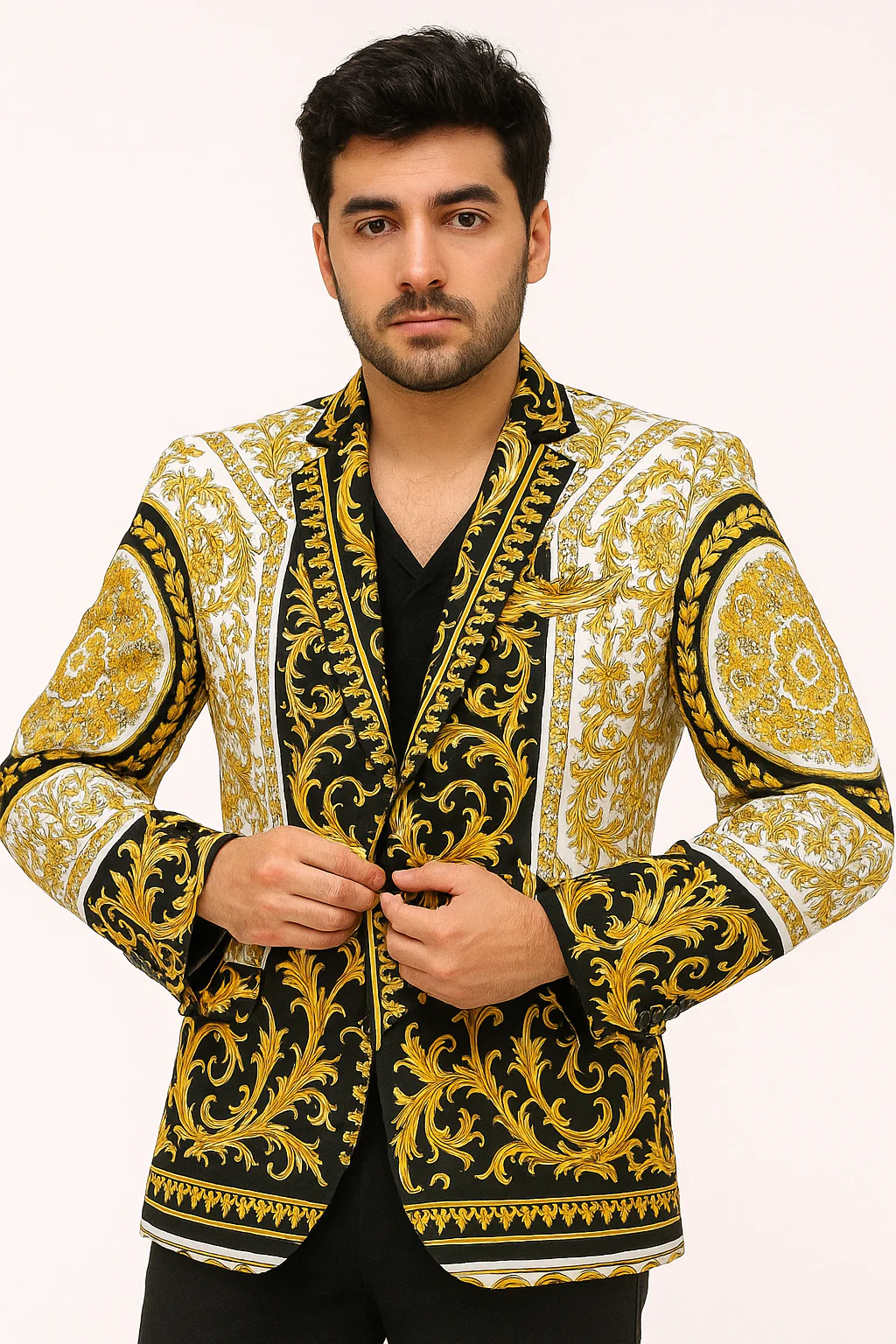 White and Gold and Black Tuxedo Jacket - Designer Pattern - Image 6