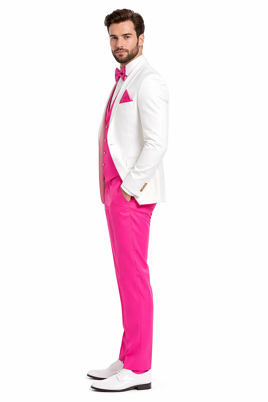 White and Hot Pink Tuxedo Wedding Suit - White Dinner Jacket + Vest + Pants + Bow-tie - Image 3