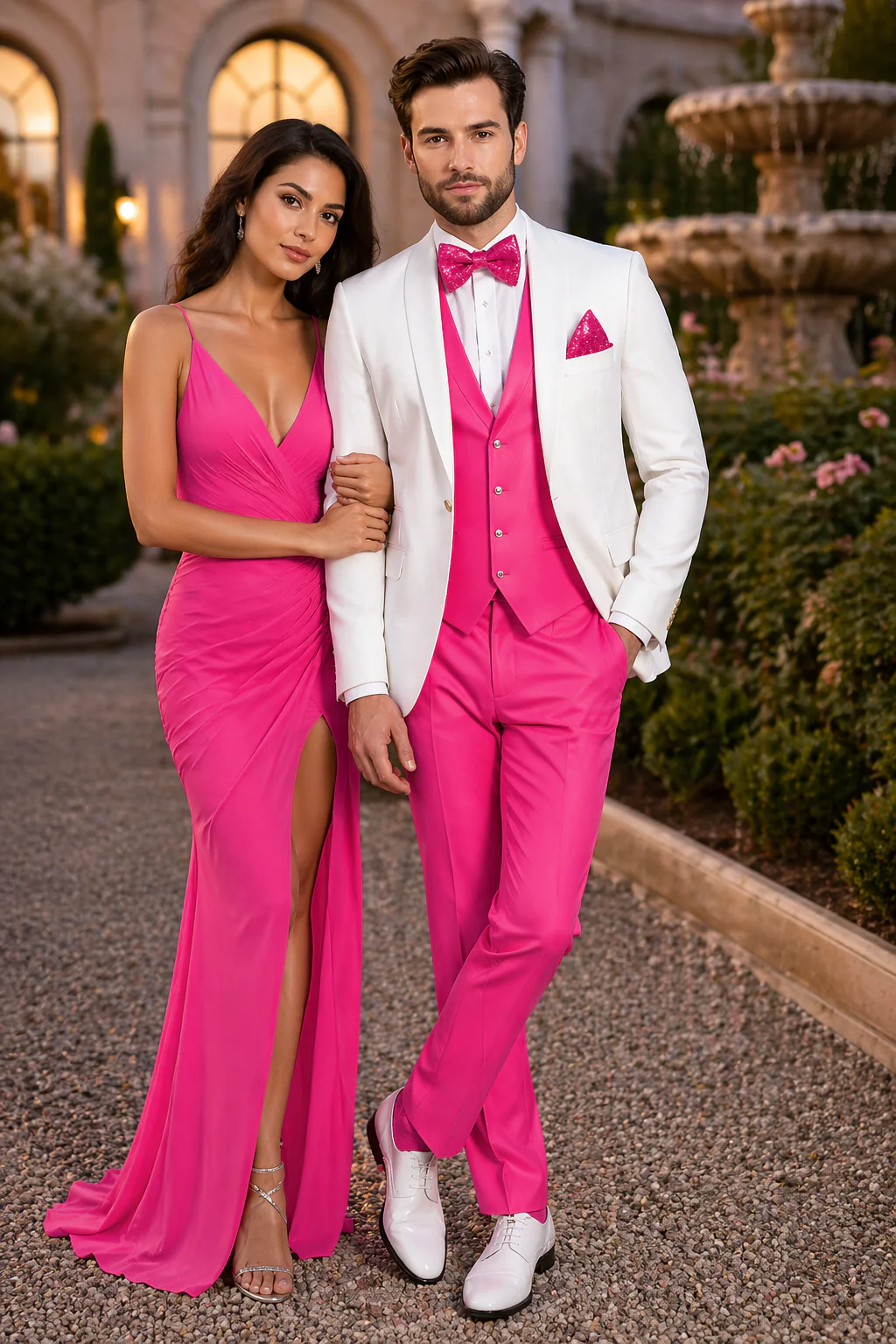 White and Hot Pink Tuxedo Wedding Suit - White Dinner Jacket + Vest + Pants + Bow-tie - Image 6