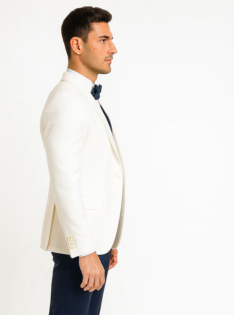 White and Navy Blue Tuxedo Wedding Suit - White Dinner Jacket + Vest + Pants + Bow-tie - Image 3