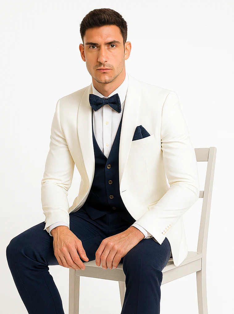 White and Navy Blue Tuxedo Wedding Suit - White Dinner Jacket + Vest + Pants + Bow-tie - Image 4