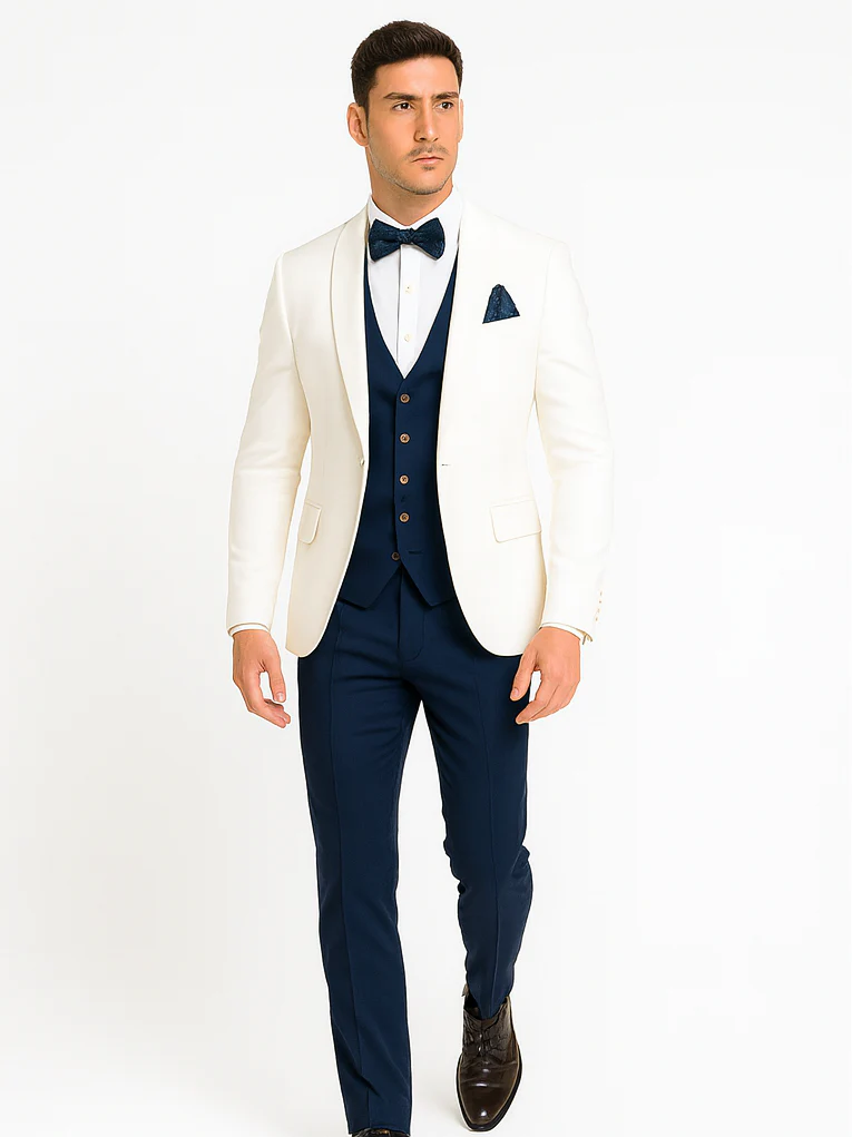 White and Navy Blue Tuxedo Wedding Suit - White Dinner Jacket + Vest + Pants + Bow-tie - Image 5