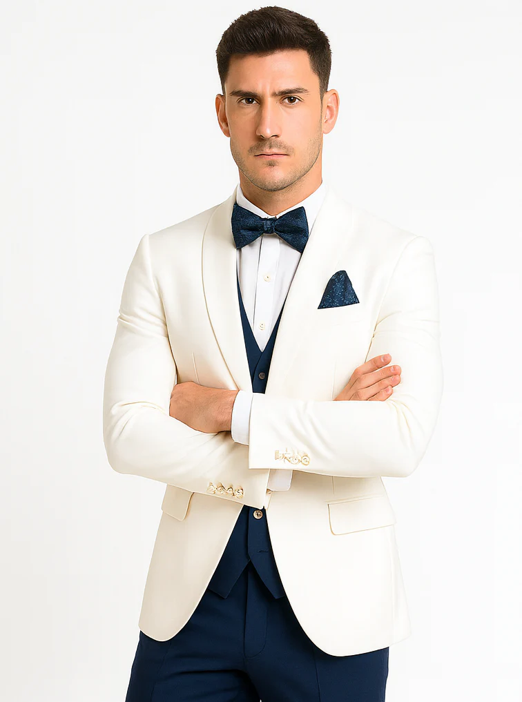 White and Navy Blue Tuxedo Wedding Suit - White Dinner Jacket + Vest + Pants + Bow-tie - Image 6
