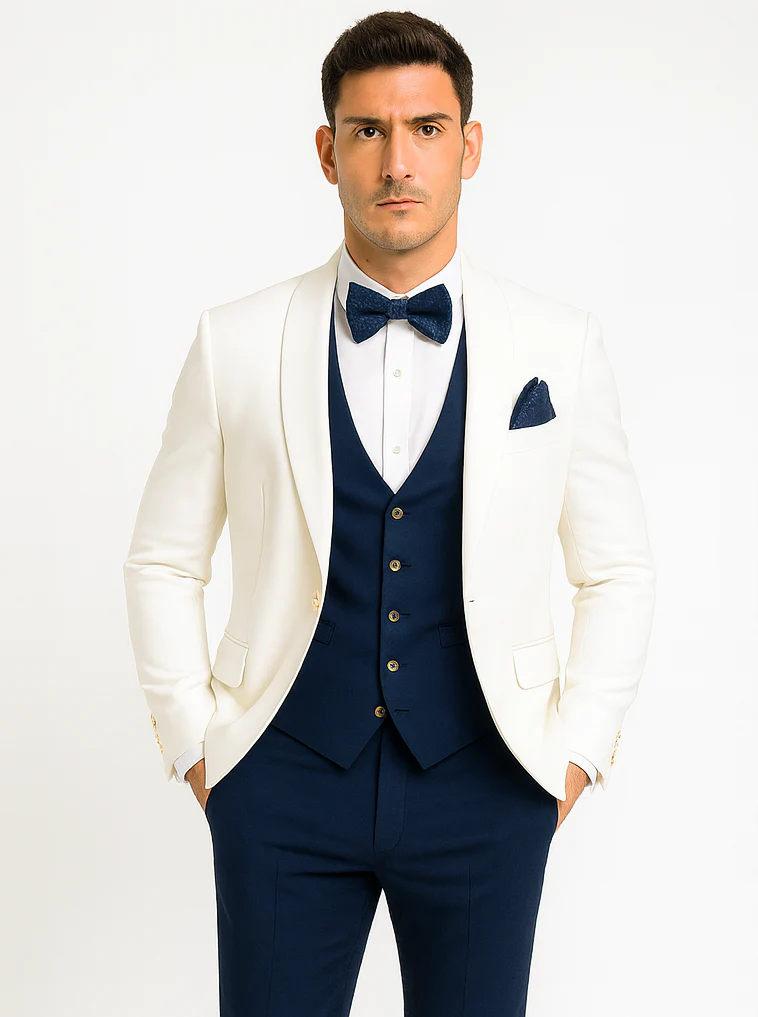 White and Navy Blue Tuxedo Wedding Suit - White Dinner Jacket + Vest + Pants + Bow-tie - Image 7