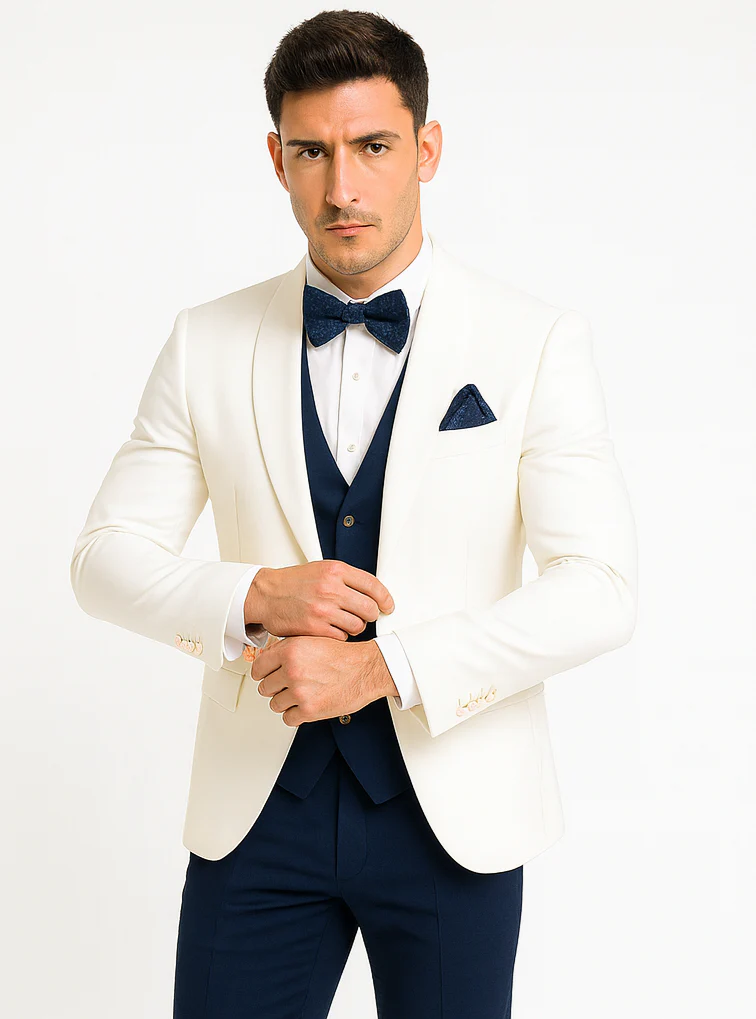 White and Navy Blue Tuxedo Wedding Suit - White Dinner Jacket + Vest + Pants + Bow-tie - Image 8