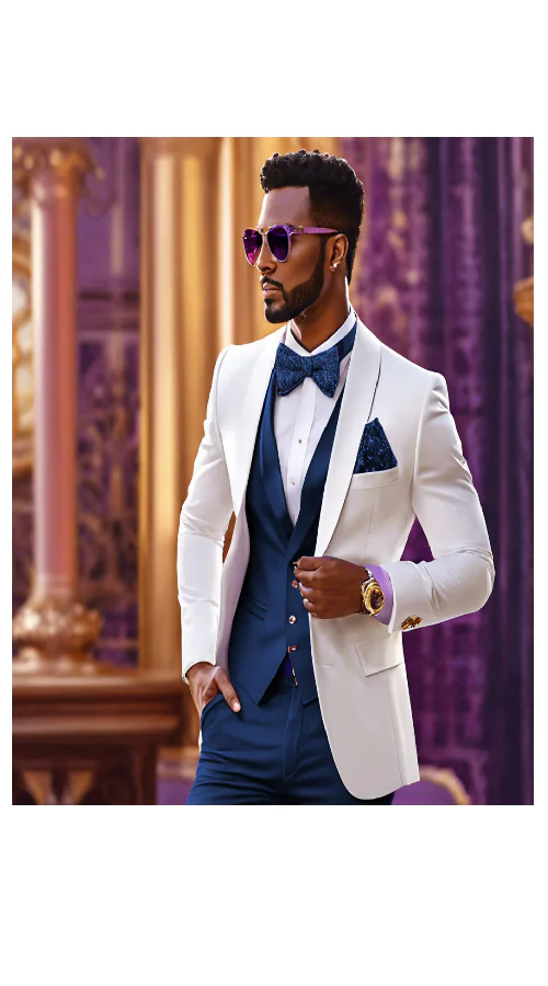 White and Navy Blue Tuxedo Wedding Suit - White Dinner Jacket + Vest + Pants + Bow-tie - Image 9