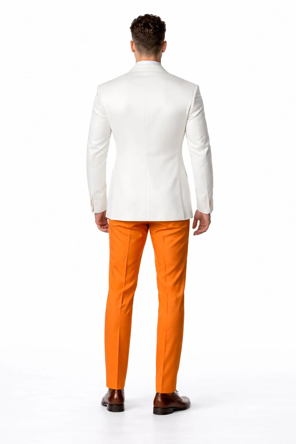 White and Orange Tuxedo Wedding Suit - White Dinner Jacket + Vest + Pants + Bow-tie - Image 2