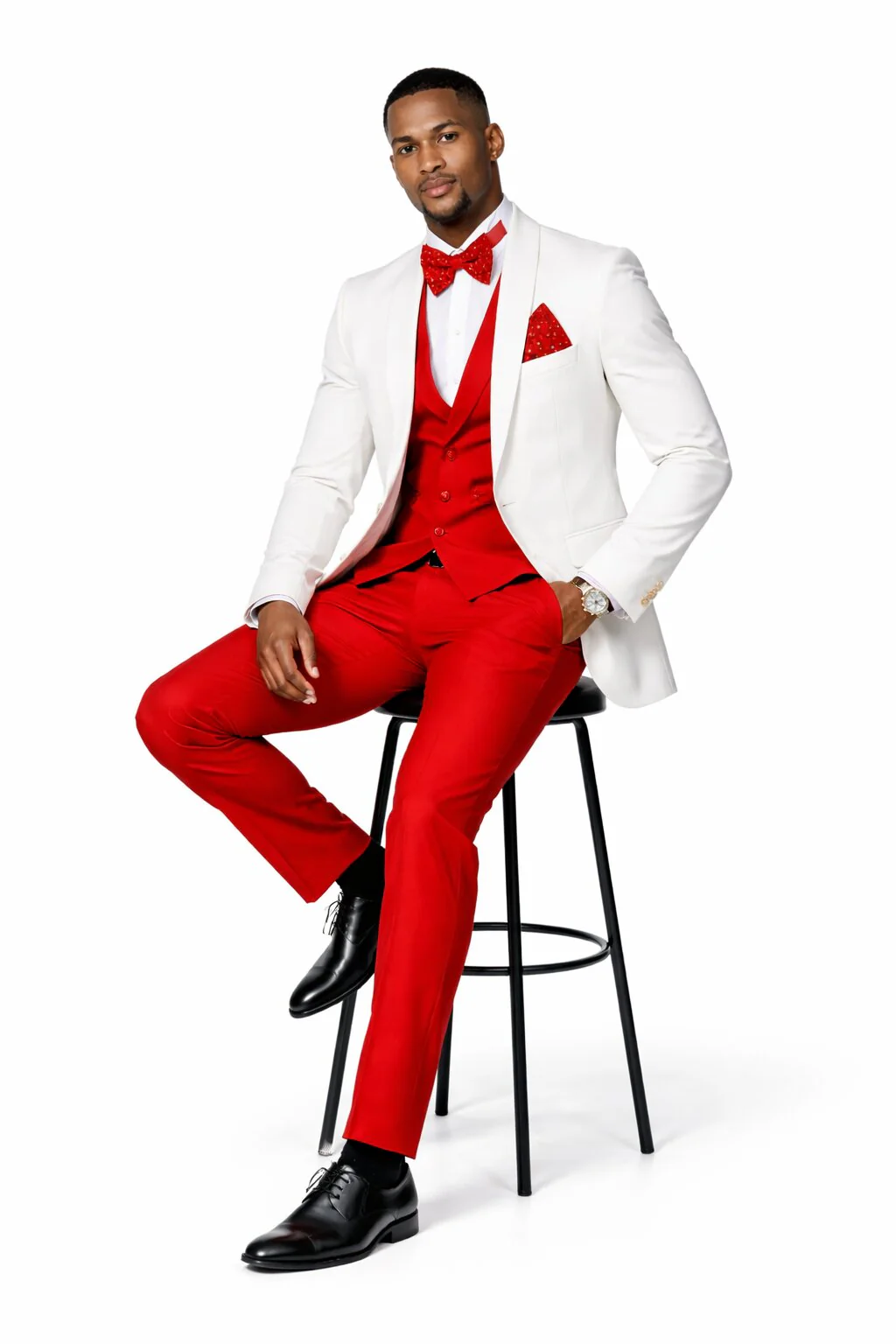 White and Red Tuxedo Wedding Suit - White Dinner Jacket + Vest + Pants + Bow-tie - Image 5