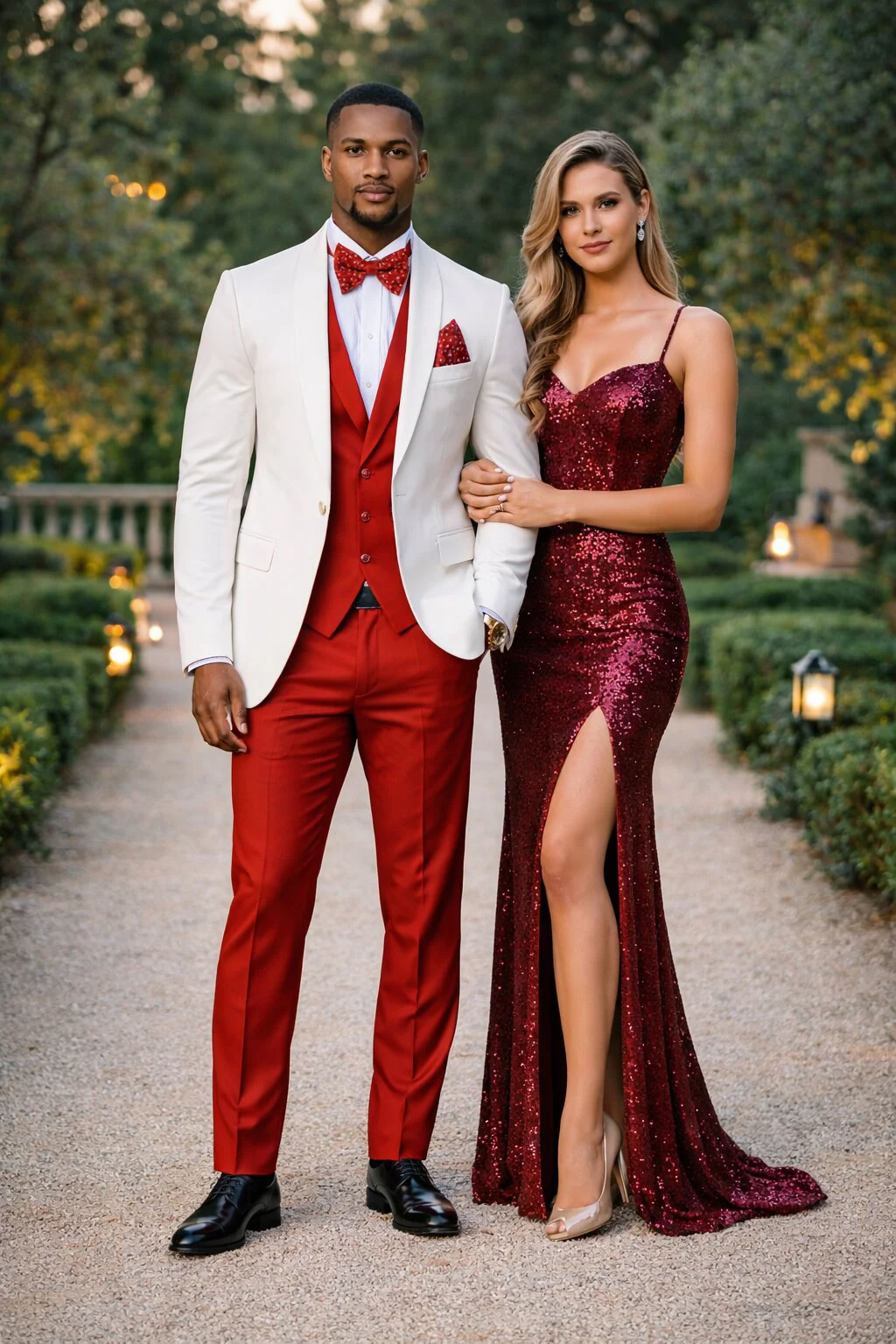 White and Red Tuxedo Wedding Suit - White Dinner Jacket + Vest + Pants + Bow-tie - Image 6