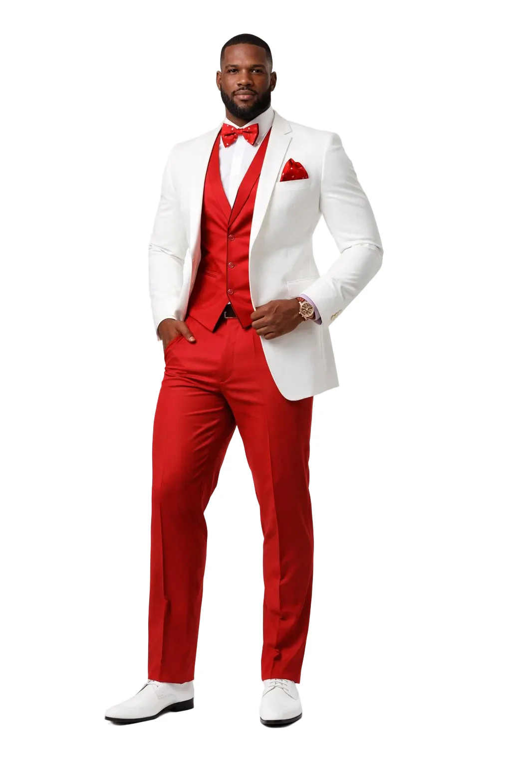White and Red Tuxedo Wedding Suit - White Dinner Jacket + Vest + Pants + Bow-tie - Image 8