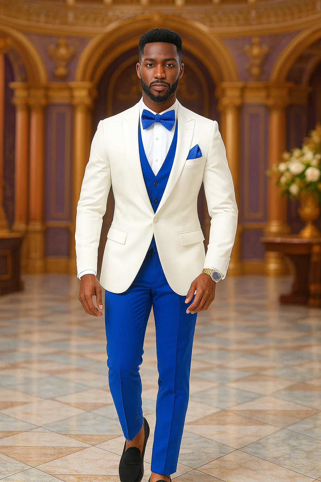 White and Royal Blue Tuxedo Wedding Suit - White Dinner Jacket + Vest + Pants + Bow-tie - Image 3