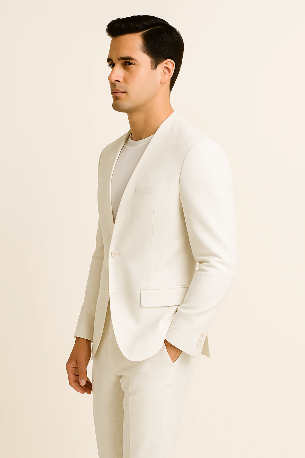 White Linen Suit For Summer - Collarless Blazer and Pants Collarless Lapel - No Lapel Casual! - Image 5