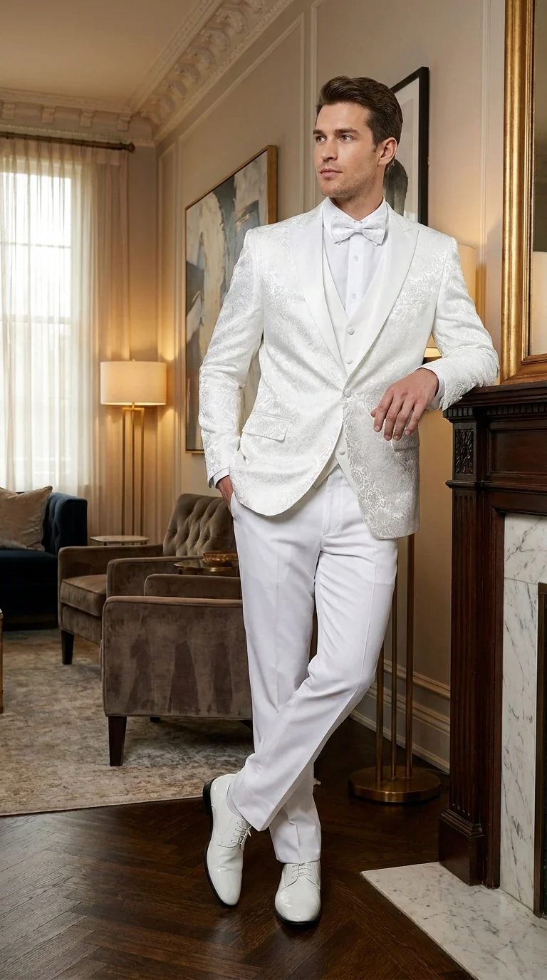 Men’s White Paisley Wedding Tuxedo with Groom Suit Jacket, Vest and Pants, Formal Dress Suit - Image 10