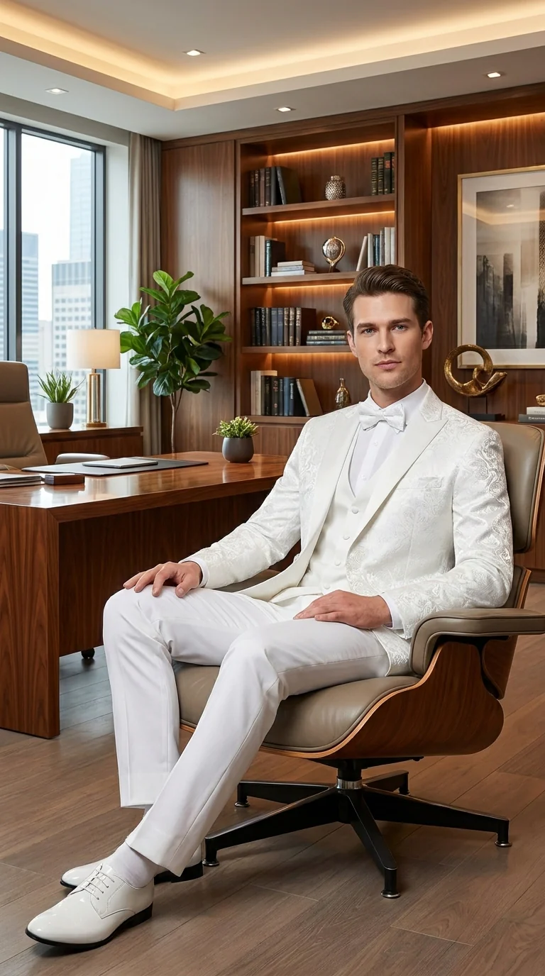 Men’s White Paisley Wedding Tuxedo with Groom Suit Jacket, Vest and Pants, Formal Dress Suit - Image 11