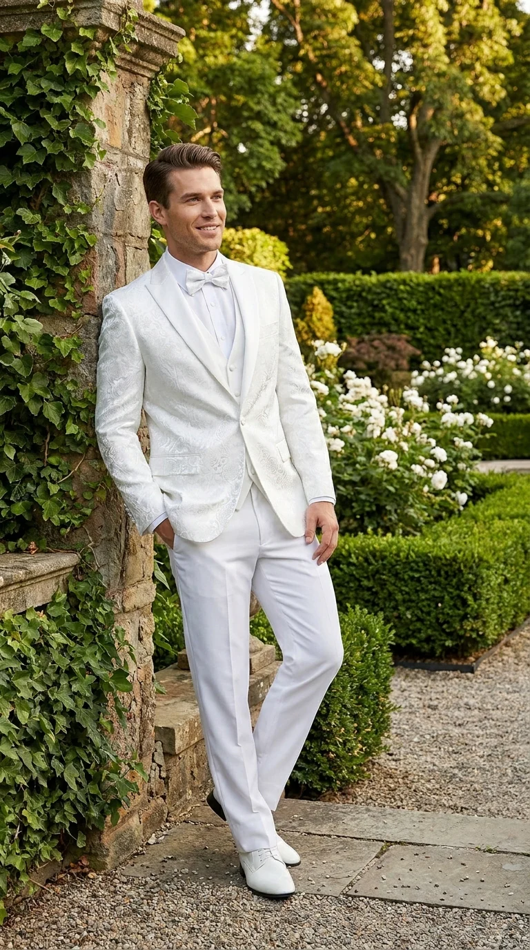 Men’s White Paisley Wedding Tuxedo with Groom Suit Jacket, Vest and Pants, Formal Dress Suit - Image 12