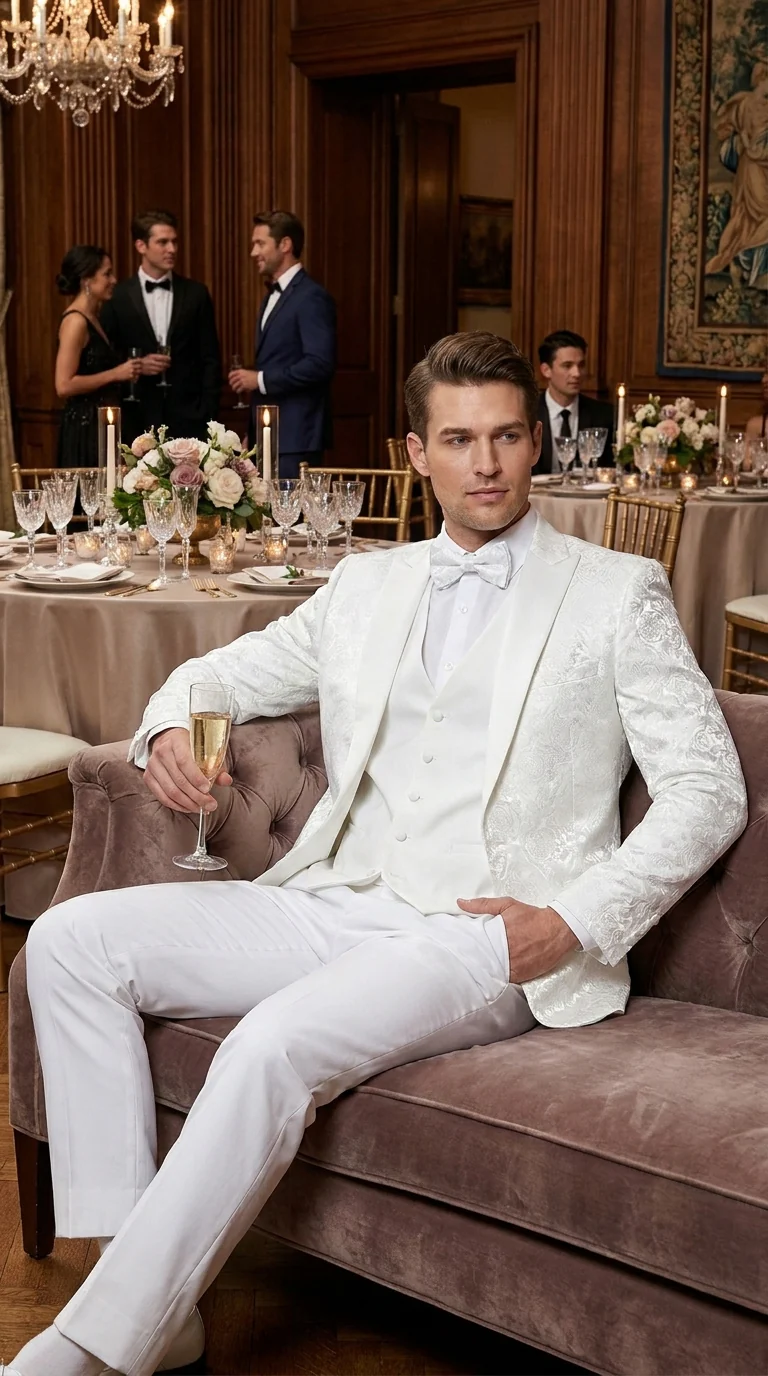 Men’s White Paisley Wedding Tuxedo with Groom Suit Jacket, Vest and Pants, Formal Dress Suit - Image 13