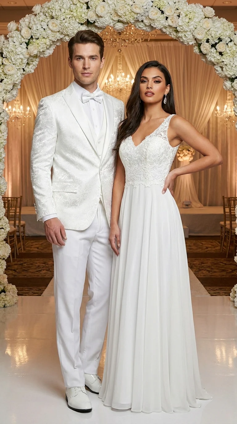 Men’s White Paisley Wedding Tuxedo with Groom Suit Jacket, Vest and Pants, Formal Dress Suit - Image 15