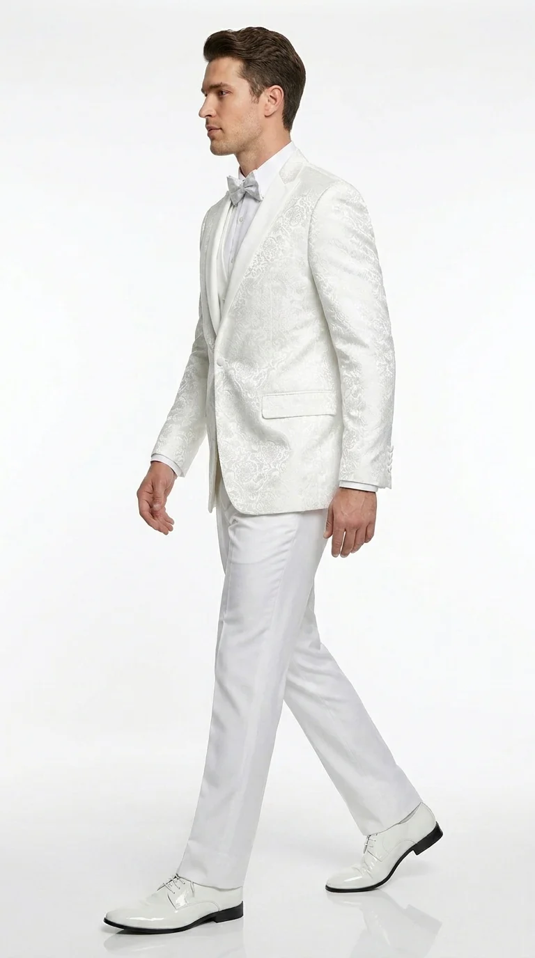 Men’s White Paisley Wedding Tuxedo with Groom Suit Jacket, Vest and Pants, Formal Dress Suit - Image 3