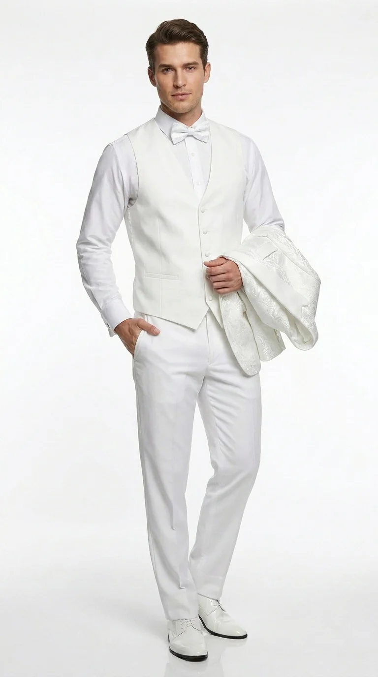 Men’s White Paisley Wedding Tuxedo with Groom Suit Jacket, Vest and Pants, Formal Dress Suit - Image 4