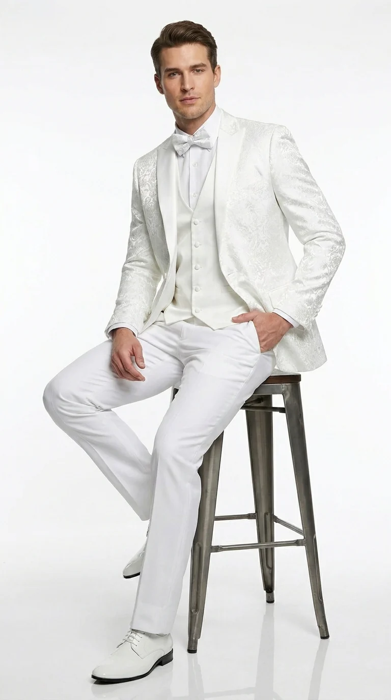 Men’s White Paisley Wedding Tuxedo with Groom Suit Jacket, Vest and Pants, Formal Dress Suit - Image 6