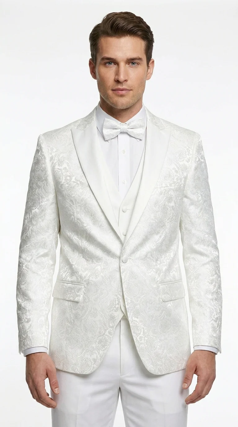 Men’s White Paisley Wedding Tuxedo with Groom Suit Jacket, Vest and Pants, Formal Dress Suit - Image 7