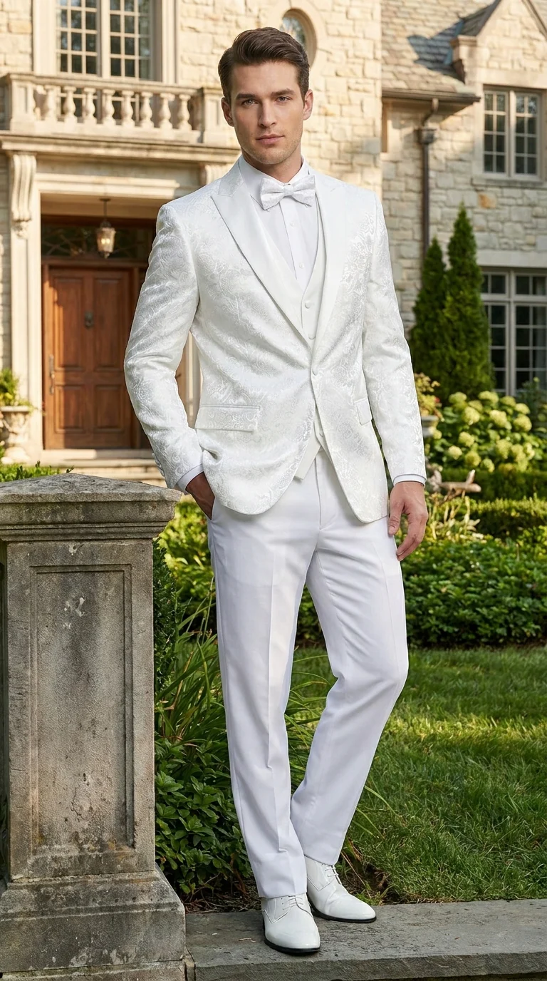 Men’s White Paisley Wedding Tuxedo with Groom Suit Jacket, Vest and Pants, Formal Dress Suit - Image 9