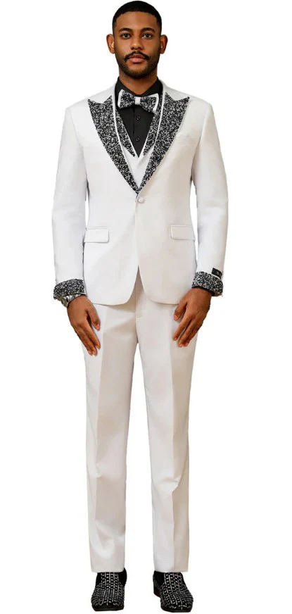 White Prom Tuxedo - Perfect Wedding Suit Vested Rhinestone sequin Lapelled - Image 2