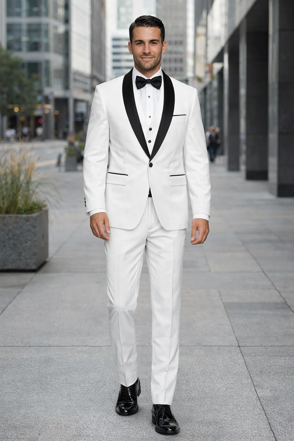 White Shiny Tuxedo Vested Suit - Sateen Sharkskin Fabric Groom Suit - Image 3