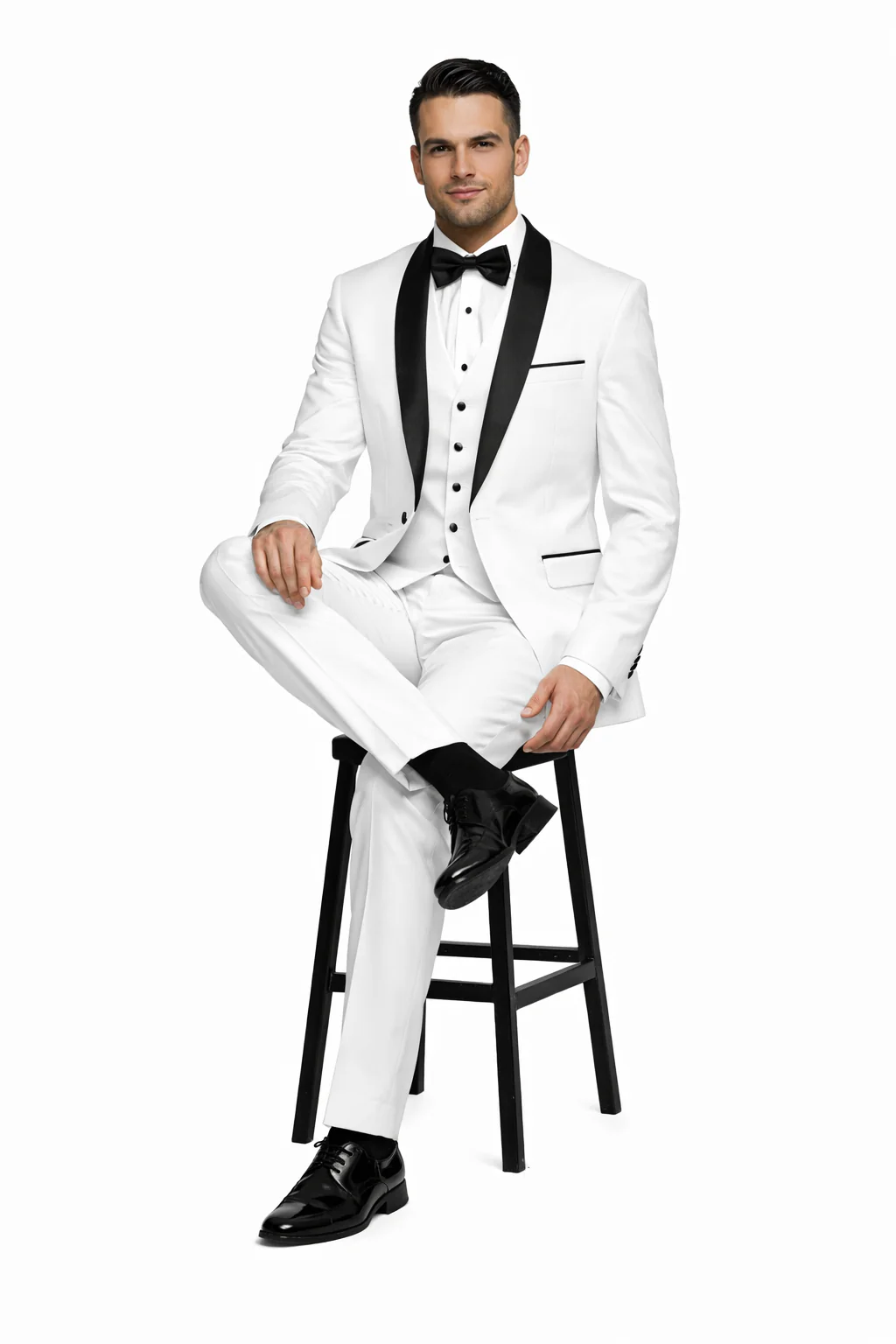 White Shiny Tuxedo Vested Suit - Sateen Sharkskin Fabric Groom Suit - Image 4