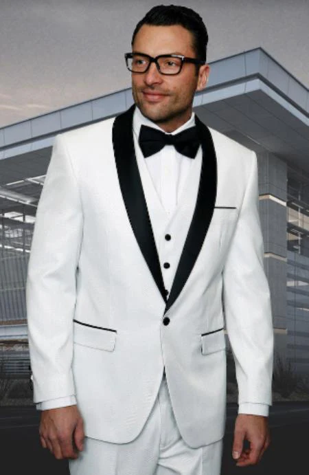 White Shiny Tuxedo Vested Suit - Sateen Sharkskin Fabric Groom Suit - Image 9