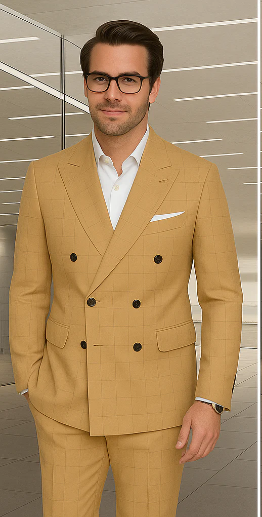 Wool Suit - Italian Made Business Suit by Statement Men's 100% Wool 2 Piece Double Breasted Suit - Subtle Windowpane - Image 13