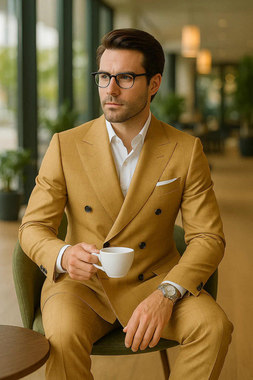 Wool Suit - Italian Made Business Suit by Statement Men's 100% Wool 2 Piece Double Breasted Suit - Subtle Windowpane - Image 16