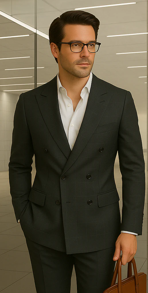 Wool Suit - Italian Made Business Suit by Statement Men's 100% Wool 2 Piece Double Breasted Suit - Subtle Windowpane - Image 17