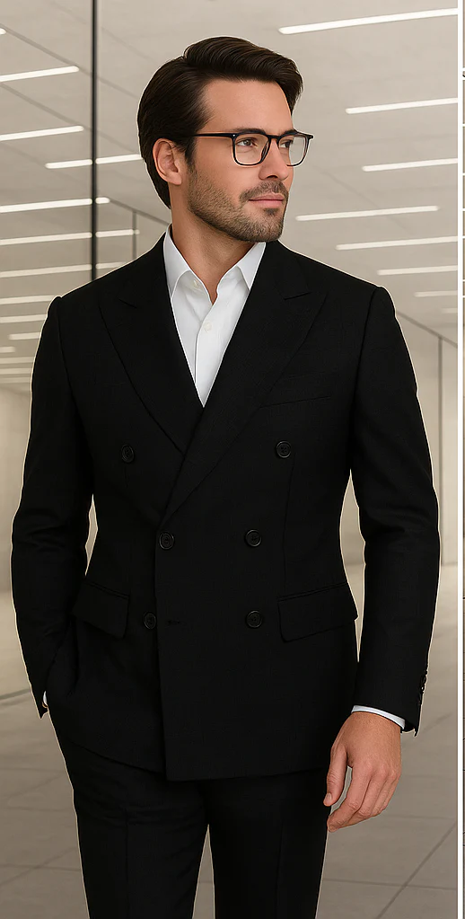 Wool Suit - Italian Made Business Suit by Statement Men's 100% Wool 2 Piece Double Breasted Suit - Subtle Windowpane - Image 6