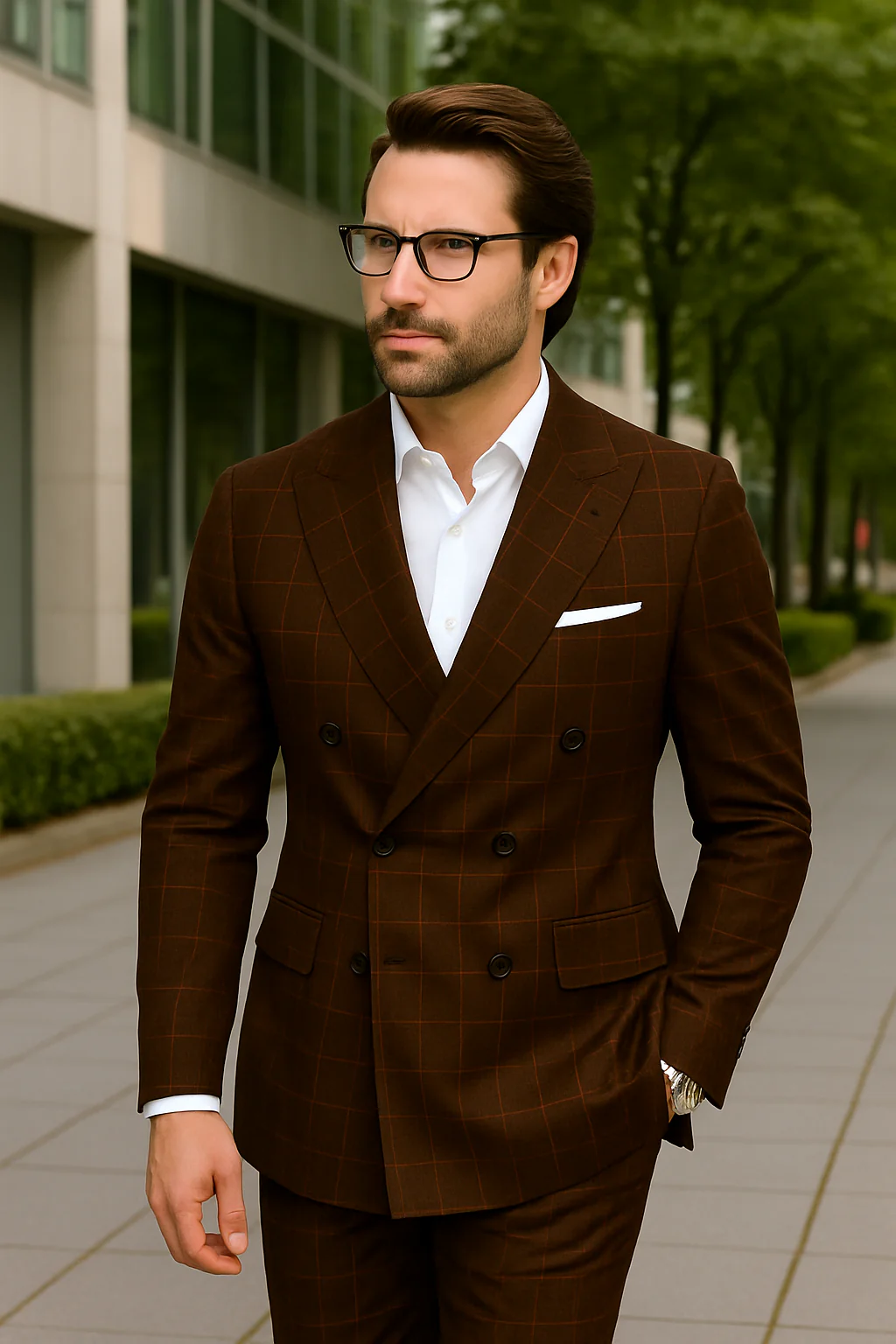 Wool Suit - Italian Made Business Suit by Statement Men's 100% Wool 2 Piece Suit - Double Breasted Windowpane - Image 4