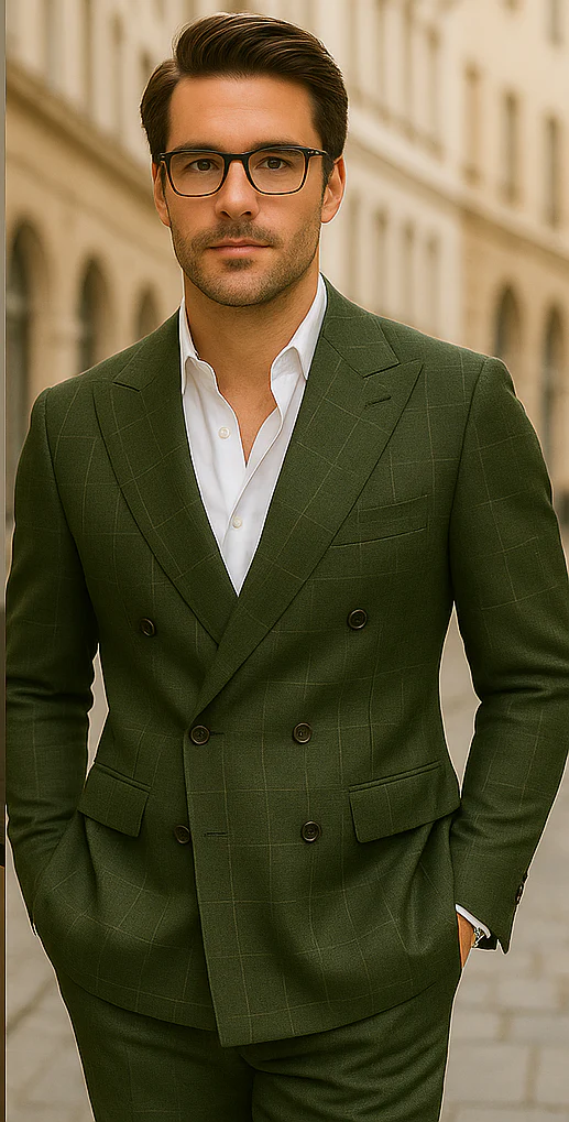 Wool Suit - Italian Made Business Suit by Statement Men's 100% Wool 2 Piece Suit - Double Breasted Windowpane - Image 8