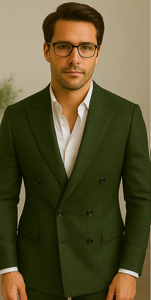 Wool Suit - Italian Made Business Suit by Statement Men's 100% Wool 2 Piece Suit - Double Breasted Windowpane - Image 9