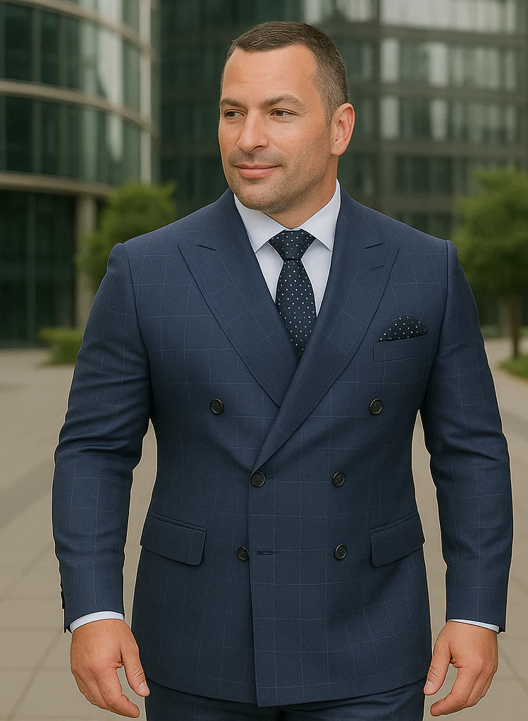 Wool Suit - Italian Made Business Suit by Statement Men's 2 Piece 100% Wool Double Breasted Suit - Micro Windowpane - Image 8
