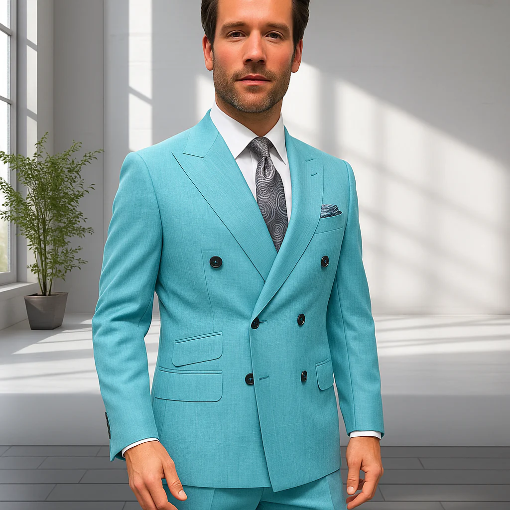 Wool Suit - Italian Made Business Suit by Statement Men's 2 Piece 100% Wool Double Breasted Suit - Pinstripe Pattern