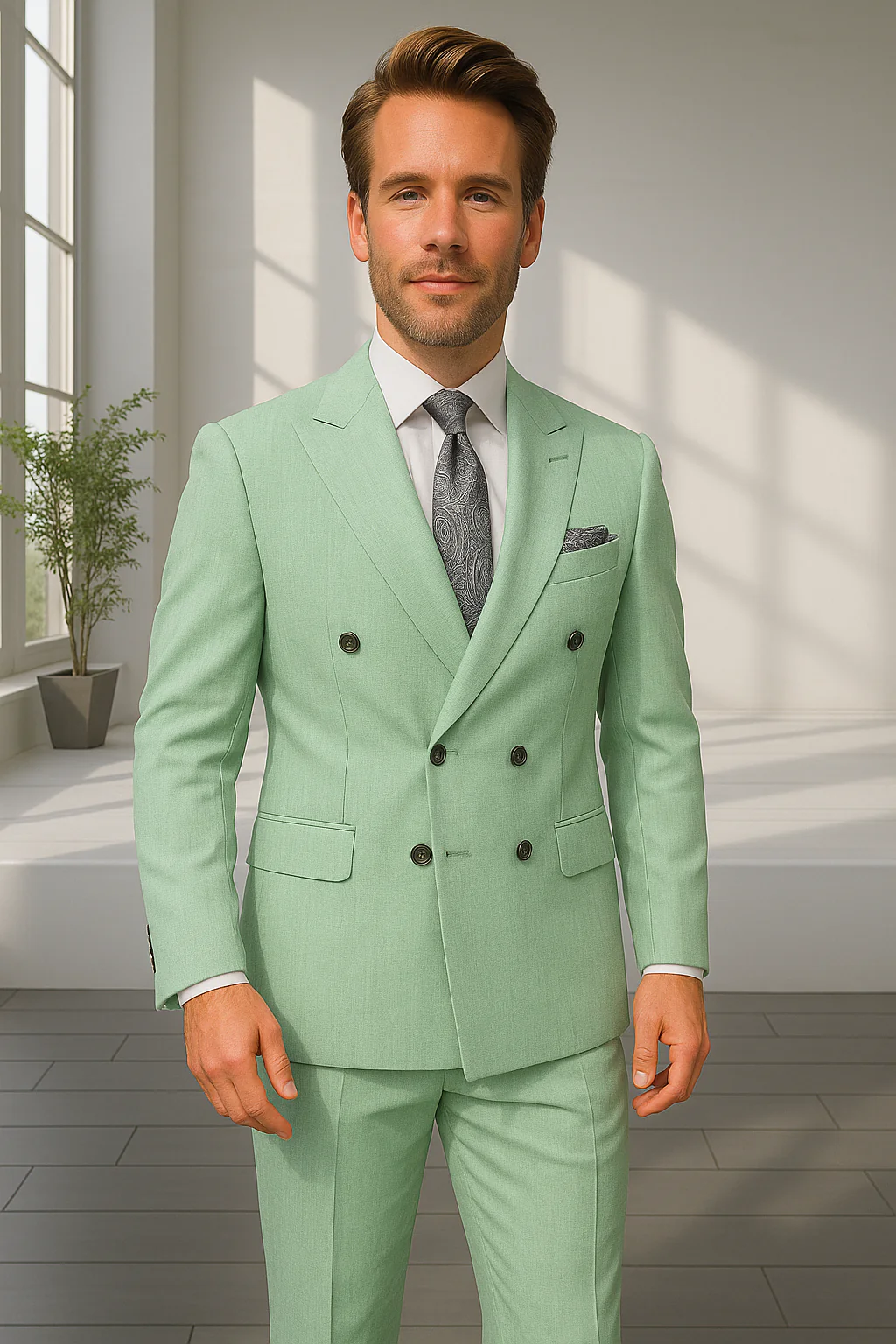 Wool Suit - Italian Made Business Suit by Statement Men's 2 Piece 100% Wool Double Breasted Suit - Pinstripe Pattern - Image 11