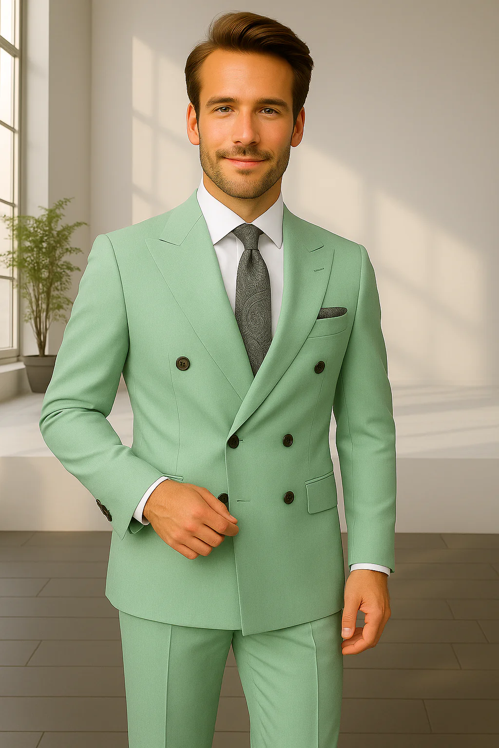 Wool Suit - Italian Made Business Suit by Statement Men's 2 Piece 100% Wool Double Breasted Suit - Pinstripe Pattern - Image 13