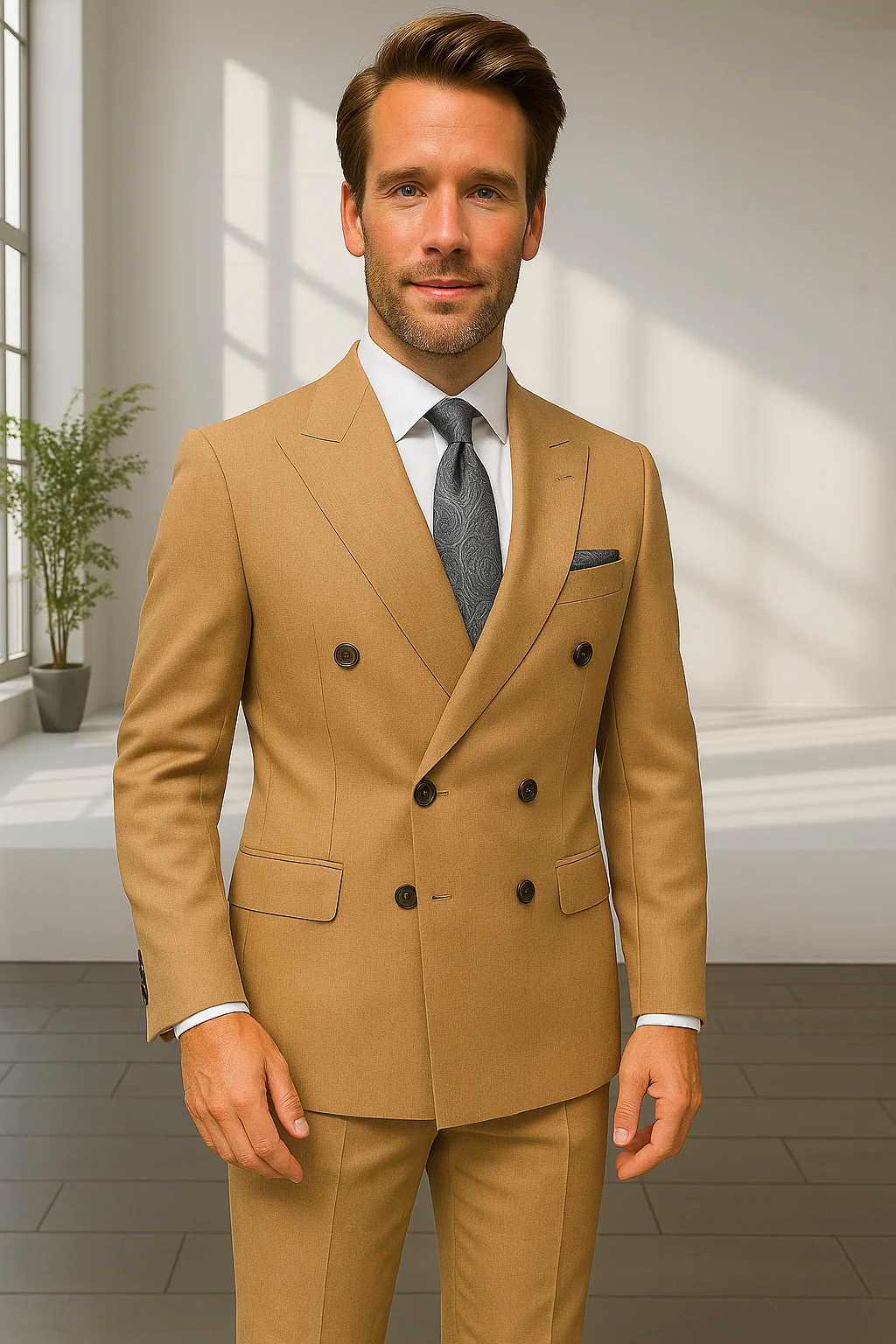 Wool Suit - Italian Made Business Suit by Statement Men's 2 Piece 100% Wool Double Breasted Suit - Pinstripe Pattern - Image 16
